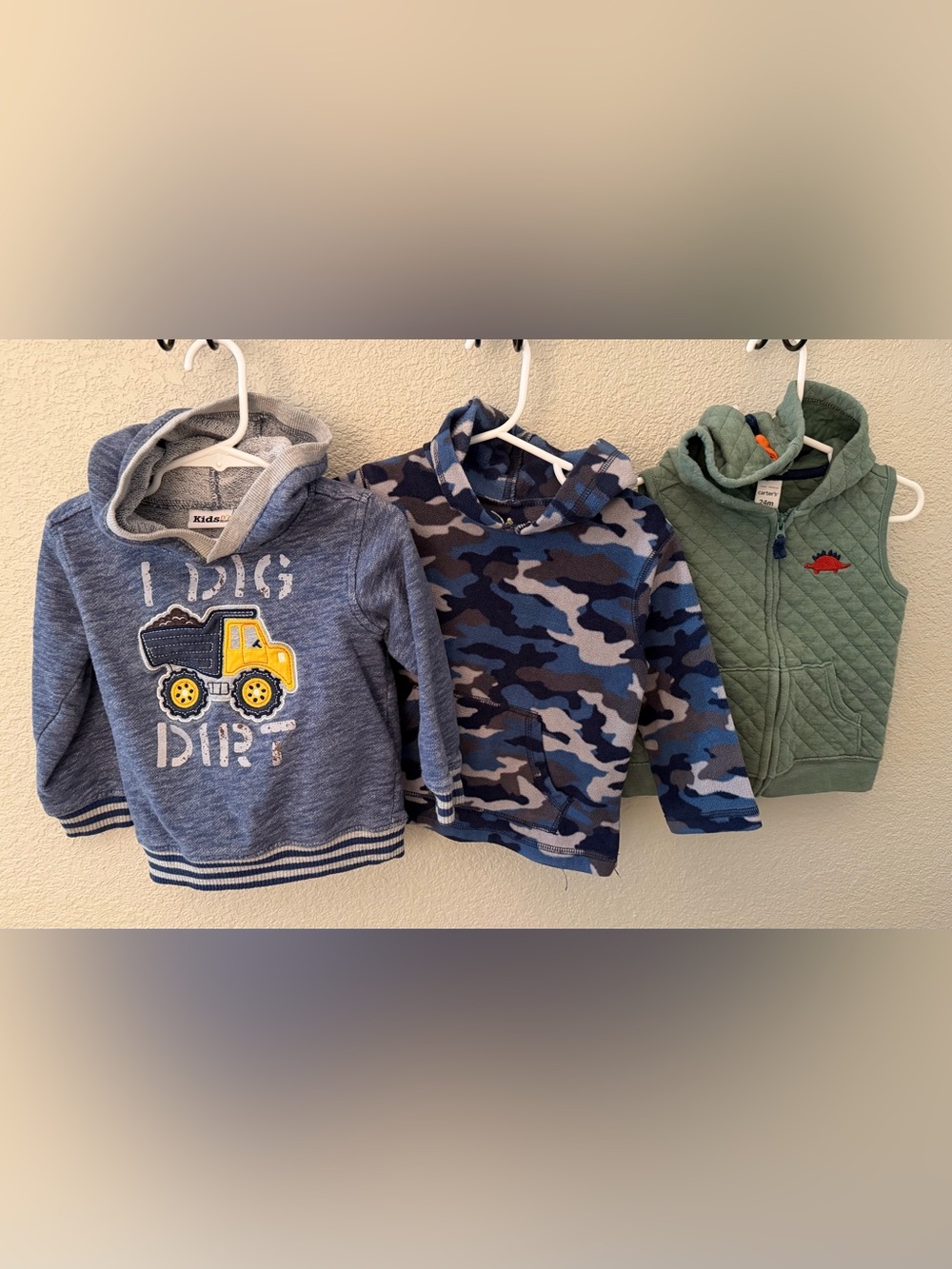 Boy 24 mo Fall/Winter Bundle. Camo Pullover, Construction Truck Hoodie Dino Vest